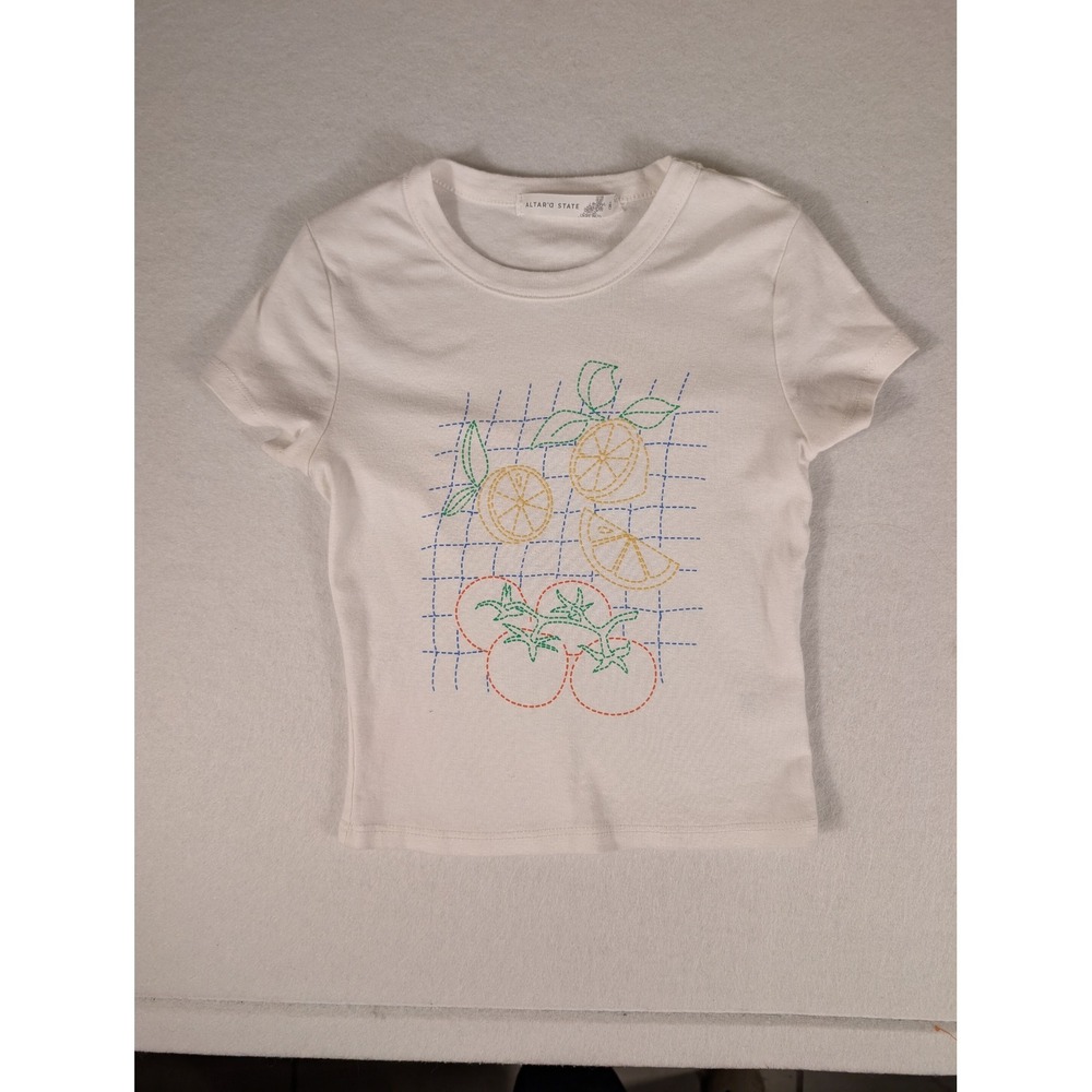 Altar'd State Kids White Embroidered Lemon Tomato Grid Baby Tee XS